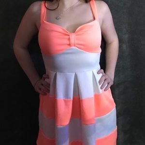 Coral and white mid thigh length dress